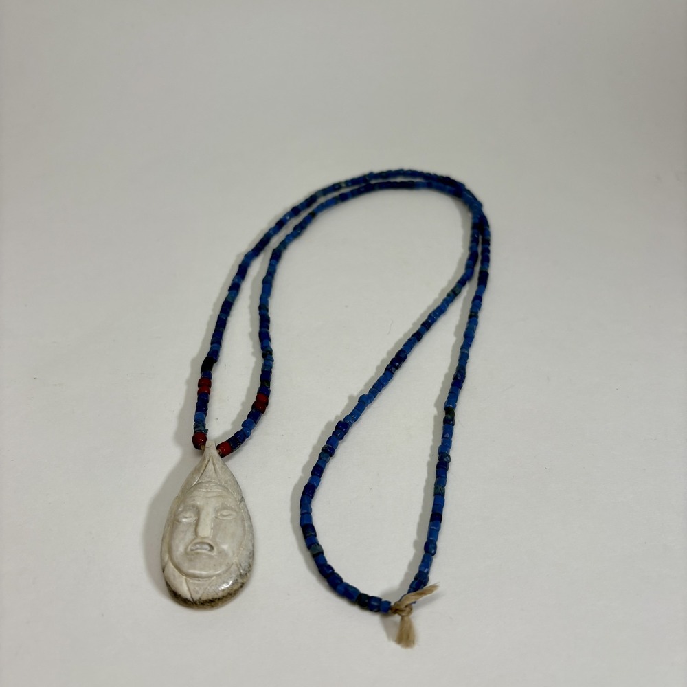 Antique Eskimo Necklace 15" Blue Red White Heart‎ Beads Carved Face Pendant